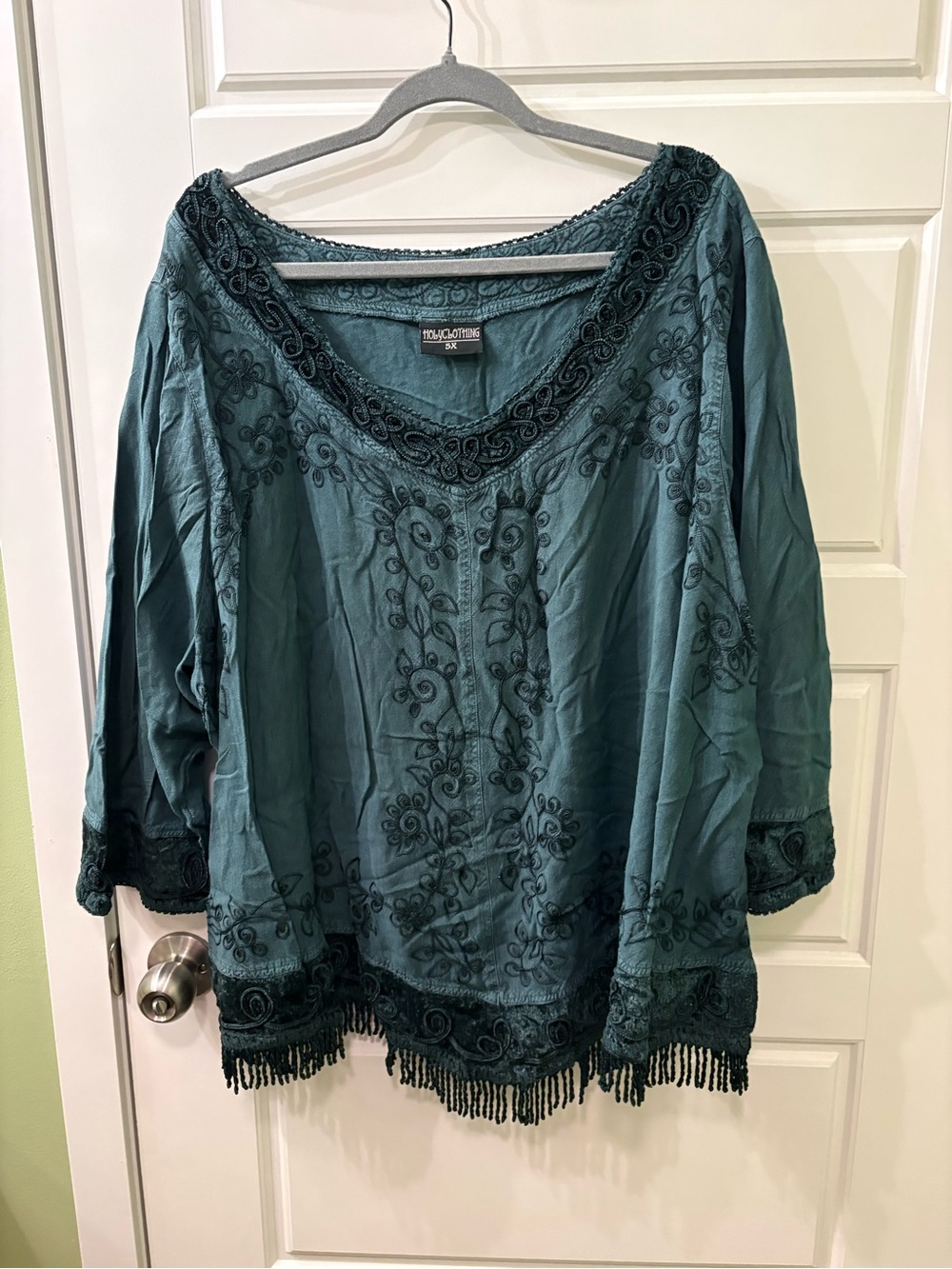 Boho Plus Size‎ Embroidered Teal V-Neck Tunic with Fringe Trim